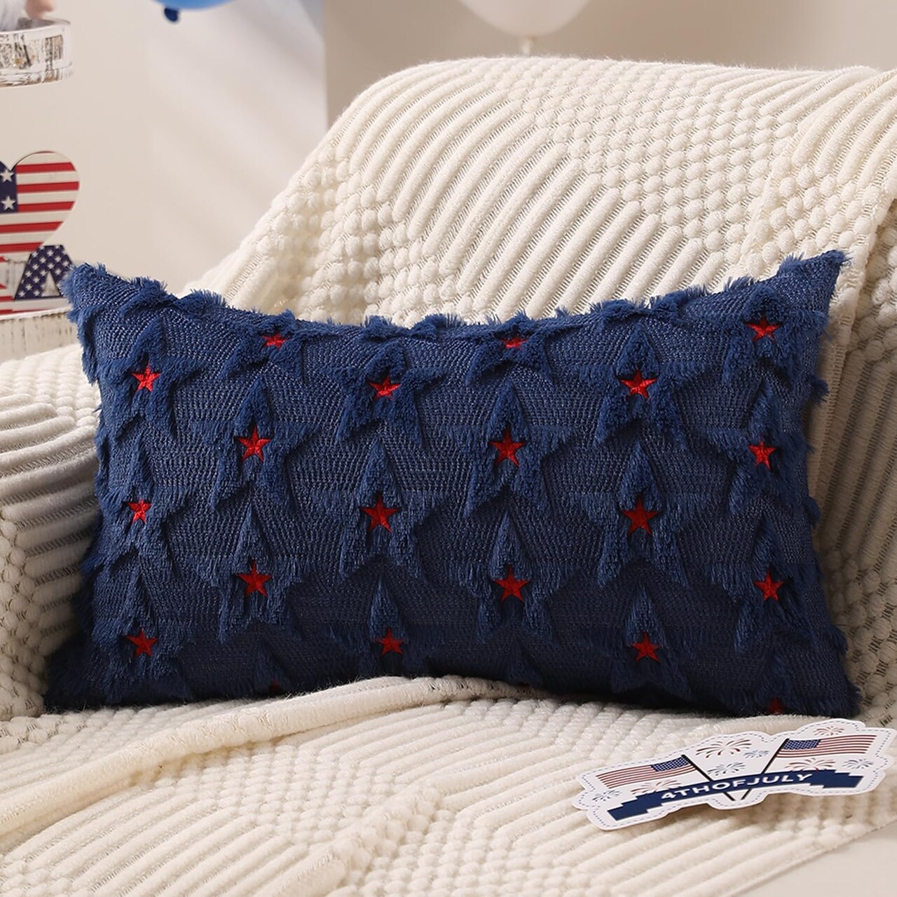 4th of July Pillow Covers Decor Red Embroidery Star Decoration Blue Soft Plush Faux Fur Jacquard Throw Pillows